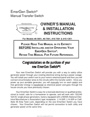 Manual Transfer Switch Owners Manual and Installation Instructions