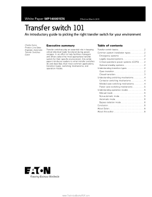 Transfer Switch 101 an Introductory Guide to Picking the Right Transfer Switch for Your Environment
